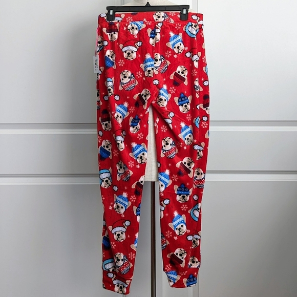 Novogratz Lounge Joggers Frenchie Winter Print Plush Elastic Waist Red M NWT - Picture 7 of 15